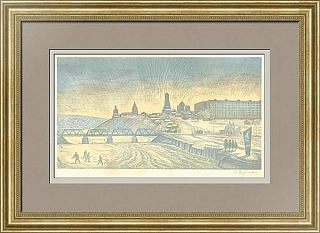 "Сызрань. Железнодорожный мост" - оригинальная линогравюра