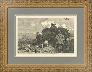 "Охота на куропаток" - оригинальная антикварная гравюра