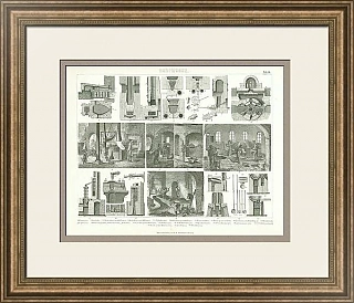 Антикварная гравюра "Оборудование для обработки руды"