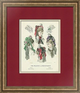 Антикварная гравюра "Дамские головные уборы"