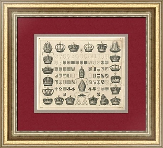 "Европейские короны, регалии, геральдика" - антикварная гравюра