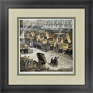 Оригинальная линогравюра "На конвейере. Участок доводки"