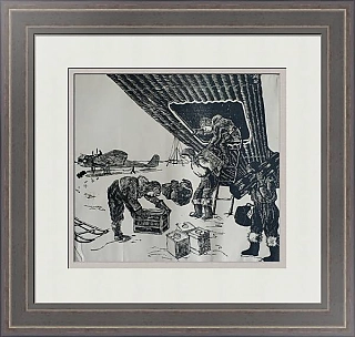 Оригинальная линогравюра "Выгрузка папанинцев на Северном полюсе"