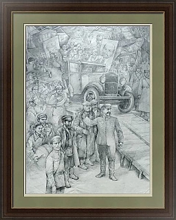 "Орджоникидзе на заводе ГАЗ". Оригинальный рисунок, карандаш