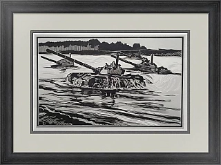 Оригинальная линогравюра "Через водный рубеж"