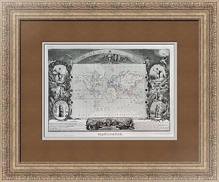 Редкая антикварная гравюра "Планисфера", Атлас Левассера, Франция