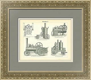 Антикварная гравюра "Локомобили"