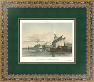 Антикварная литография с ручной раскраской "Вид со стороны Эльбы"