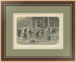 "Ловля лосося острогой" - антикварная гравюра - London news