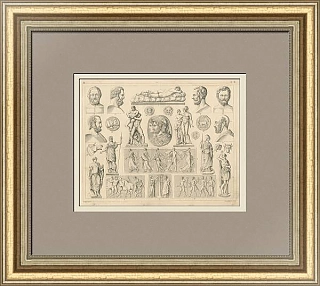 Редкий антикварный эстамп "Древнеримская и древнегреческая скульптура и монеты"