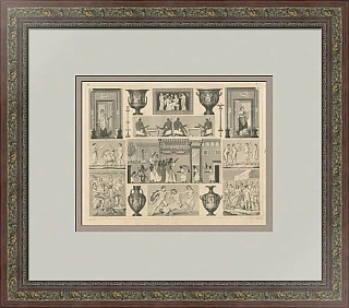 Редкий антикварный эстамп "Античная вазопись и мифология в росписи"