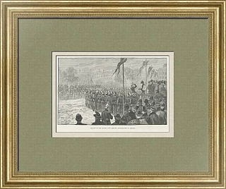 Антикварная гравюра "Смотр Лондонской пожарной команды: раздача медалей"