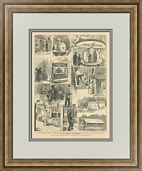 Антикварная гравюра "Производство и хранение пороха"