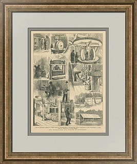 Антикварная гравюра "Производство и хранение пороха"