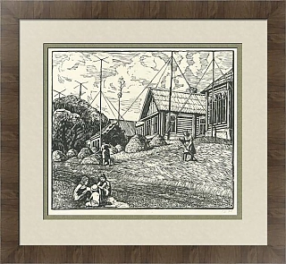 Советская линогравюра "Деревенское лето"