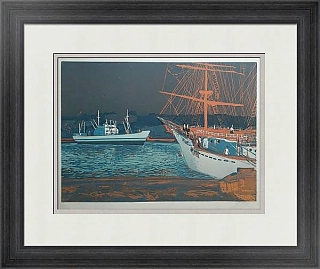 Оригинальная линогравюра "У пирса"