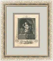 "Портрет девушки с попугаем" - антикварная гравюра