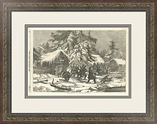 Антикварная гравюра "Охота на медведя в Швеции"