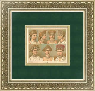 Антикварная хромолитография "Русские женские головные уборы"