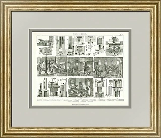 Антикварная гравюра "Оборудование для обработки руды"