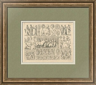 Антикварная гравюра "Мифологические сцены и фигуры Древней Греции и Рима"