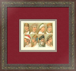 Антикварная хромолитография "Головные уборы XVI-XVII веков"