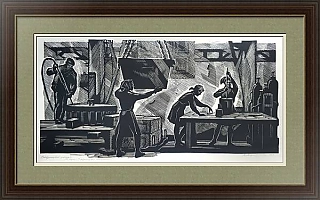Советская линогравюра "Стержневой участок" из серии "У металлургов Подмосковья"