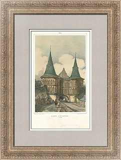 Антикварная литография с ручной раскраской "Голштинские ворота в Любеке"