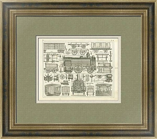 Антикварная гравюра "Локомотив и различные типы вагонов"