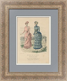 "Платья для прогулок" - антикварная гравюра с ручным окрашиванием