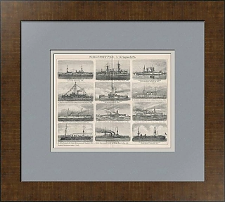 "Военные корабли" - редкая антикварная гравюра