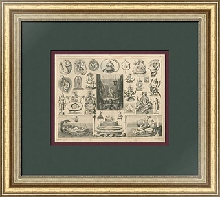 Антикварная гравюра "Индуистская космогония и божества"