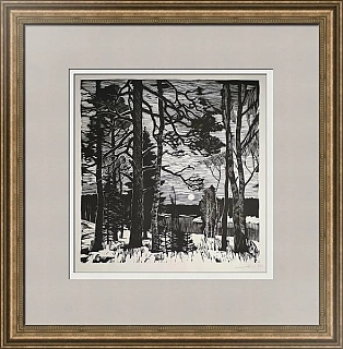 Оригинальная линогравюра "Пейзаж с луной"