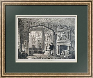 "Эркер в гостиной. Lyme Hall, графство Чешир" - антикварная литография