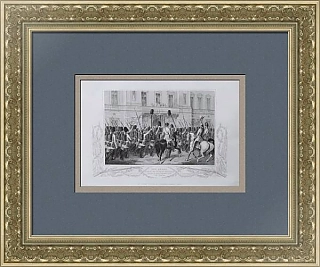 Антикварная гравюра "Королева - приём гвардии по возвращении из Крыма"