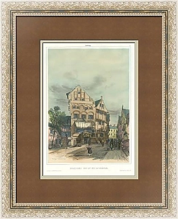 Антикварная литография с ручной раскраской "Гамбург. Дома XV и XVI веков"