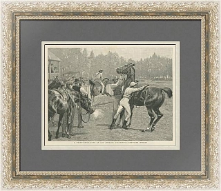 "Тридцатимильная гонка. Смена лошадей" - антикварная гравюра