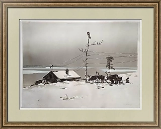 Оригинальная линогравюра "Таймыр. Далекий аэропорт"