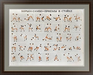 Советский плакат "Борьба самбо. Приемы в стойке"