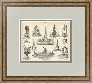 "Фонтаны" - антикварная немецкая гравюра