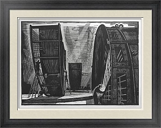 Советская линогравюра "Полуроторы" из серии "На Подольском машиностроительном"