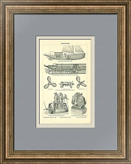 Антикварная гравюра "Моторные лодки"