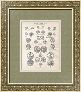 "Европейские монеты V - XVII веков" - антикварная гравюра