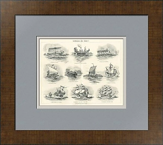 Антикварная гравюра "Типы кораблей разных времен"