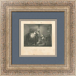 Редкая антикварная гравюра "Сельская конюшня"