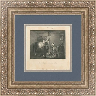 Редкая антикварная гравюра "Сельская конюшня"