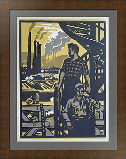 Оригинальная линогравюра "Монтажники"