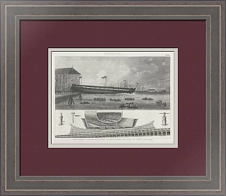 Старинная гравюра "Броненосец: спуск на воду и поперечное сечение"