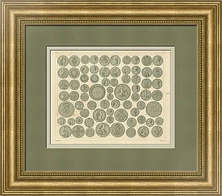 Антикварная гравюра "Монеты", Энциклопедия Г.И. Хека, Германия