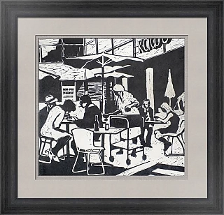 Оригинальная линогравюра "В кафе"